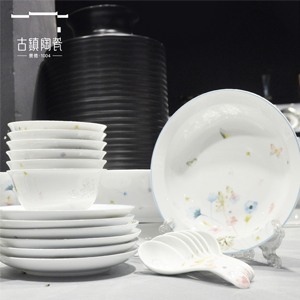 古鎮陶瓷碗碟套裝家用餐具套裝個性創意瓷碗白瓷玲瓏餐具拼盤組合