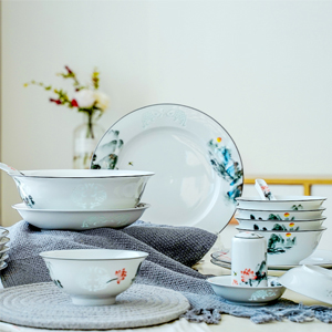 景德鎮水墨風玲瓏瓷家用碗盤陶瓷碗禮盒盤子中式碗碟盤餐具套裝